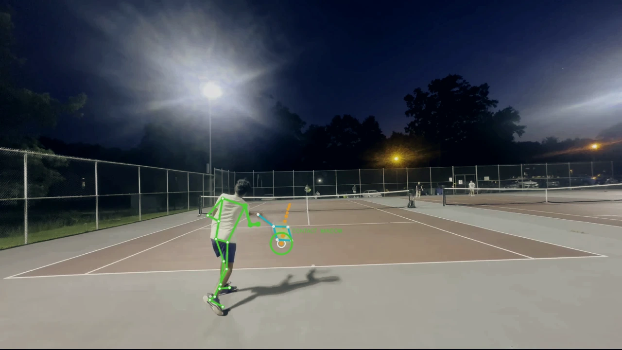 Rear view of Sidd hitting a forehand with model-tracked pose, racket, ball trail, and contact point; no face is visible